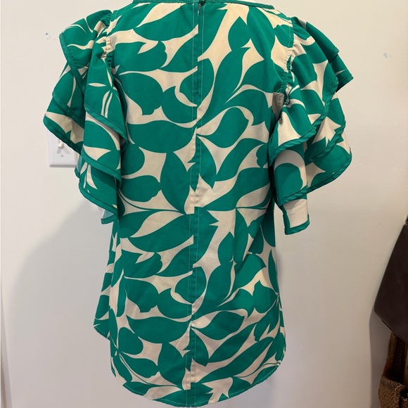 Umgee Green Leaf Print Ruffle Sleeve Blouse Medium - Picture 2 of 11